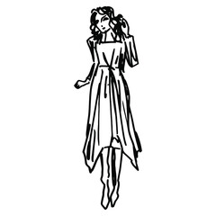 Wall Mural - Standing pretty young woman in fancy dress and boots on high heels. Hand drawn doodle rough sketch. Black and white silhouette.