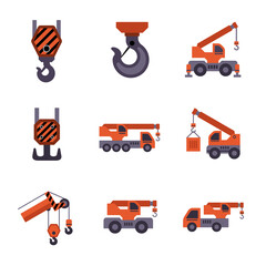 Mobile crane vector icon. Large industrial machine equipment or vehicle with hoist, hook, rope and hydraulic telescopic boom for service, erection and lifting heavy load in building construction site.