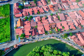 Poster - MALACCA, MALAYSIA - DECEMBER 28, 2019: Overhead aerial view of Melaka River