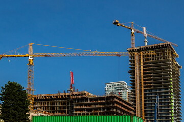 Wall Mural - 
Construction of new multi-storey buildings in Coquitlam City, industrial construction site, construction equipment, several construction cranes on the background of  a blue  sky
