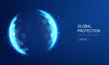 Power Protective Energy Dome, Shield On Blue Background. Inviolable Field, Protection And Safety Concept.