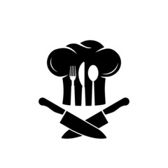 Sticker - Chef logo with chef's hat and knives icon isolated on white background