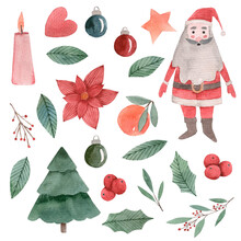 Watercolor Christmas Clipart. Festive Elements. Santa Claus, Poinsettia, Tree, Toys, Tangerine, Candle, Star, Holly Berry, Leaves, Heart.