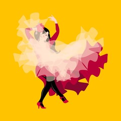 Wall Mural - A young gypsy girl, dressed in a dark pink dress and holding a white transparent shawl, is dancing flamenco.