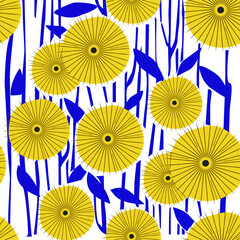 Wall Mural - Seamless repeat pattern with flowers and leaves in black and yellow on white background. Hand drawn fabric, gift wrap, wall art design. VECTOR ILLUSTRATION