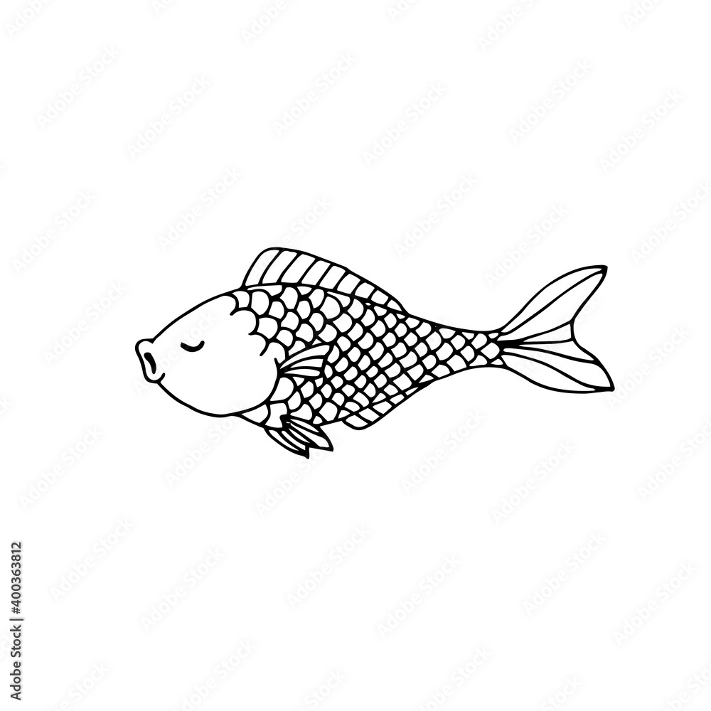 Fish Sleep Icon Sleeping fish. Vector hand-drawn doodle illustration. Black and white ...