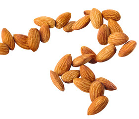 Wall Mural - almond nut frozen in the air s line shape on white isolated