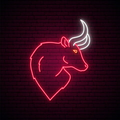 Sticker - Neon Bull sign. Glowing red bull emblem. Neon signboard. 2021year symbol. Vector illustration.