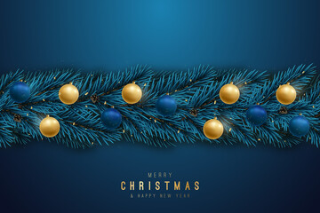 Wall Mural - Seamless garland with realistic fir tree branches, lights and shiny baubles. Spruse border. Vector template for Christmas greeting cards, invitations, sale banners, web site, etc.