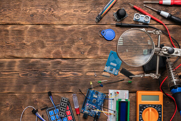 Wall Mural - microprocessor programming concept top view background.