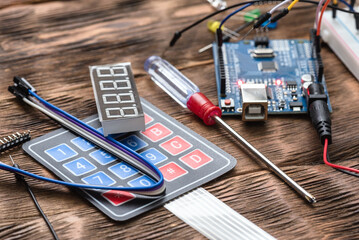 Wall Mural - microprocessor programming concept top view background.