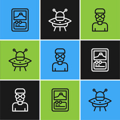 Sticker - Set line Card game, Nerd geek and UFO flying spaceship icon. Vector.