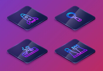 Sticker - Set Isometric line Rocket ship, Gamepad, Magnifying glass and Chess. Blue square button. Vector.