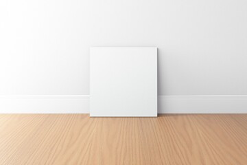 Wall Mural - empty white square canvas with white wall and wood floor