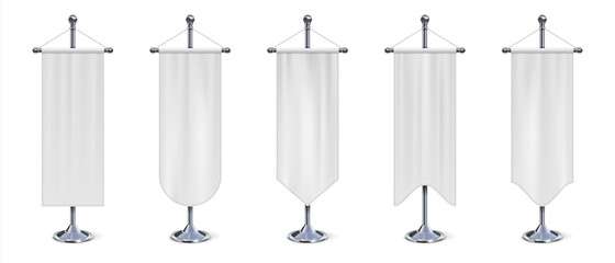 Wall Mural - vertical flag banner. realistic hanging white cloth on stand. empty exhibition pennant, fabric signs