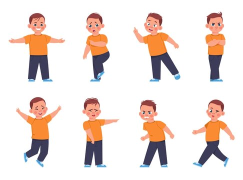 Boy expressions. Cartoon little kid character laughing and crying, child with different emotions, sad happy and confused expressions. Vector cute comic kid set