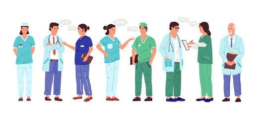 Wall Mural - Nurse and doctor. Cartoon medical workers with speech bubbles. Isolated men and women talking. Employees wear uniform in hospital. People stand in row and speak, vector communication set