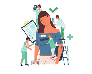 Wall Mural - Medical examination. Patient health care and doctors check. Woman take tests in clinic. Hospital workers of various specialties. Diagnostic and consultation, vector medicine concept