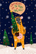 Christmas and New Year card with zodiac rat in yellow bull-shaped pajamas for 2021. Vector illustration of a rat on a dark blue background with stars, snowflakes, Christmas trees