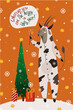 New year card with zodiac goat in pajamas in the form of a cow for 2021.Vector illustration of a goat on an orange background with a christmas tree