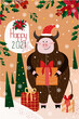 New Year card with zodiac pig in brown bull pajamas for 2021. Vector illustration of a pig on a beige background with a Christmas tree and gifts