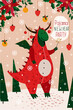 New Year card with zodiac dragon in red bull pajamas for 2021. Vector illustration of a dragon on a beige background with a Christmas tree