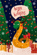 Christmas and New Year card with zodiac snake in yellow bull-shaped pajamas for 2021. Vector illustration of a snake on a dark blue background with stars, snowflakes, Christmas trees