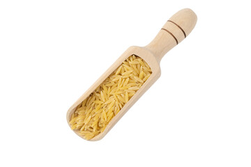 In Greece called kritharaki. In Italy called Orzo. Rice shaped pasta in wooden scoop isolated on white background. Type of pasta. Food ingredient.