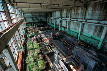 Wall Mural - Old abandoned overgrown factory with rusty remains of industrial machinery in workshop