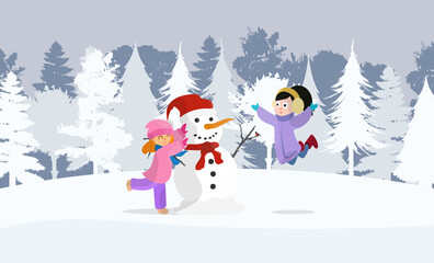 Happy girls in winter play snowman. Suitable for postcards and books. Snowy forest, girls in warm clothes, New Year's snowman. Vector.