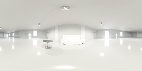 Wall Mural - 360 degree living room VR HDR Style panorama with modern interior couch, table and lamps 3d render illustration