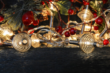 Background Christmas toys on a dark background with lights