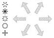 Mesh net radial arrows icon with simple pictograms. Vector model created from radial arrows vector graphics. Frame mesh polygonal radial arrows. Wire frame 2D vector EPS format.