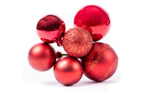 A Bundle Of Red Glitter Chrsitams Ball Ornaments Isolated On White

