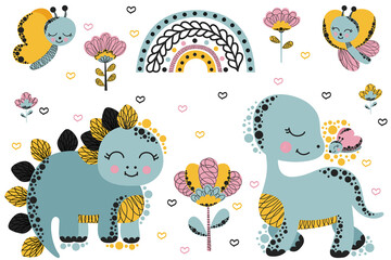 Cute childish girly summer set of 2 smiling baby dinosaurs brontosaurus and stegosaurus, butterflies, rainbow and abstract flowers on white background. Cartoon clipart. Scandinavian style. Vector