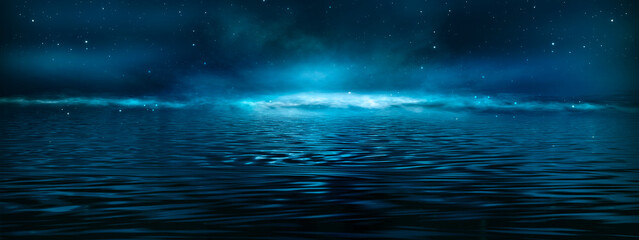 Wall Mural - night fantasy landscape, starry sky. reflection of moonlight on ice, fog. dark landscape. night view
