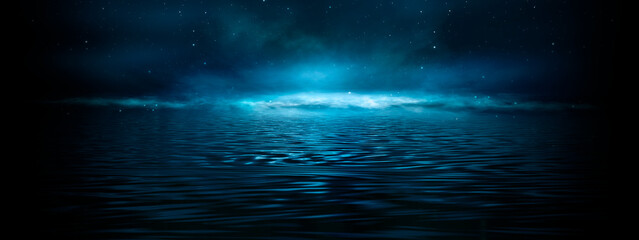 Wall Mural - night fantasy landscape, starry sky. reflection of moonlight on ice, fog. dark landscape. night view