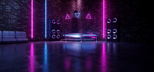 Sci Fi Neon Futuristic Retro Club Seat Chair Room Glowing Rectangle Lasers On Striped Wall Blue Purple Bar Gradient Vibrant Synth Wave Cyber Interior Stage Concrete Cement 3D Rendering