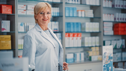 Wall Mural - Pharmacy Drugstore Checkout Cashier Counter: Portrait of Beautiful Mature Caucasian Female Pharmacist Looks at the Camera, Smiles Charmingly. Store with Medicine, Drugs, Vitamins, Health Care Products