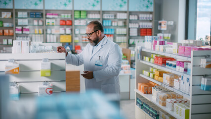 Wall Mural - Pharmacy Drugstore: Beautiful Latin Pharmacist Malse Checks Inventory of Medicine, Drugs, Vitamins, Health Care Products on a Shelf. Professional Pharmacist in Pharma Store