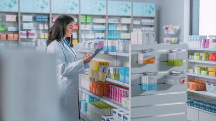 Wall Mural - Pharmacy Drugstore: Beautiful Latina Pharmacist Uses Digital Tablet Computer, Checks Inventory of Medicine, Drugs, Vitamins, Health Care Products on a Shelf. Professional Pharmacist in Pharma Store