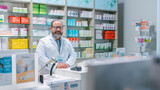 Fototapeta Sawanna - Pharmacy Drugstore Checkout Cashier Counter: Portrait of Experienced Mature Latin Pharmacist Looks at the Camera Smilingly. Pharma Store with Medicine, Drugs, Vitamins, Health Care Products.