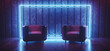 Sci Fi Neon Futuristic Club Seats Chairs Lounge Room Glowing Rectangle Blue Vibrant Synth Wave Cyber Interior Stage Concrete Wood Materials 3D Rendering