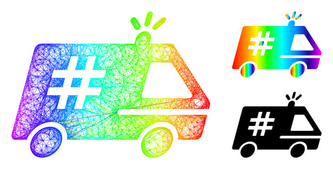 Spectrum colored net jail police car, and solid rainbow gradient jail police car icon. Crossed frame flat net abstract symbol based on jail police car icon, is generated from crossed lines.