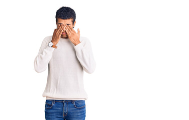 Poster - Young african amercian man wearing casual clothes rubbing eyes for fatigue and headache, sleepy and tired expression. vision problem