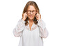© Krakenimages.com - Middle age blonde woman wearing casual white shirt and glasses covering ears with fingers with annoyed expression for the noise of loud music. deaf concept.