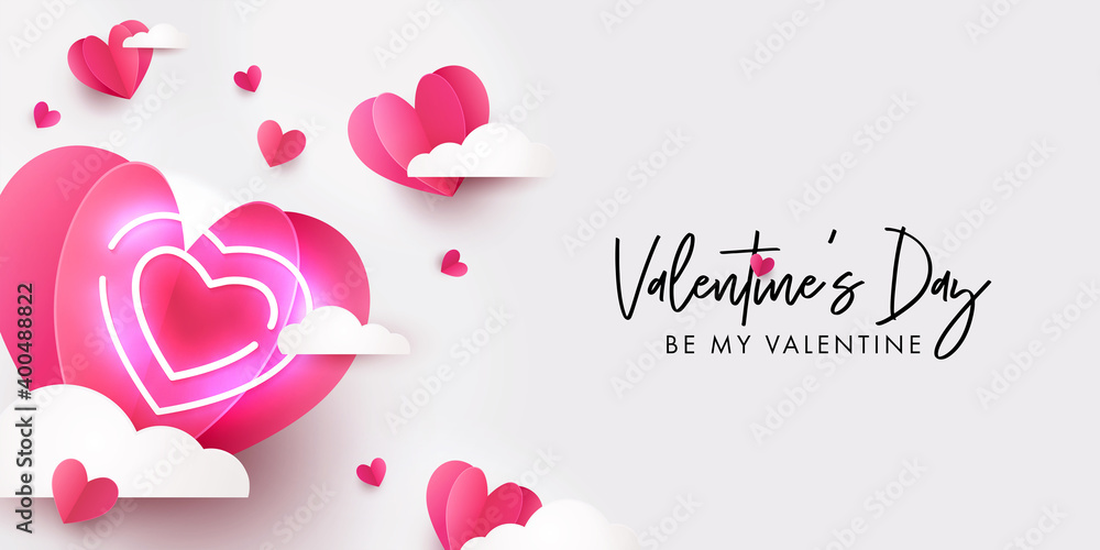 Valentines Day modern design for website banner, Sales, Valentine card, flyer or poster in paper cut style with cute flying Origami Hearts over clouds and neon lighting heart on white background - obrazy, fototapety, plakaty 