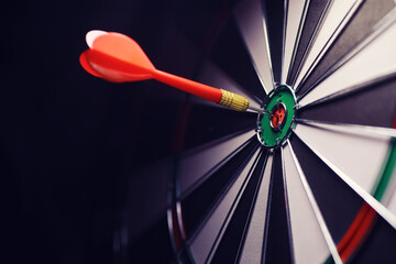 Darts. The dart for playing in the game board is stuck. Hit sector in darts. The concept of a successful strategy.