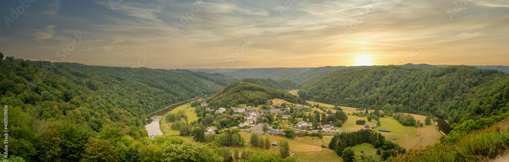 Obraz na płótnie Panorama view on Frahan and Semois river from viewpoint Rochehaut, Bouillon, Wallonia, Belgium. Horseshoe bend. Province of Luxembourg w salonie