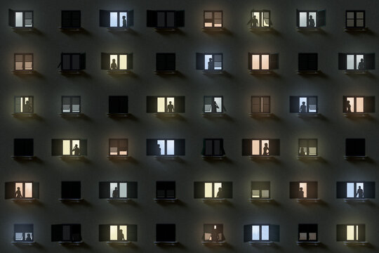 Wall Mural -  - Illustrazione 3D. Persone alle finestre illuminate. .Notturno di facciata di casa, palazzo..